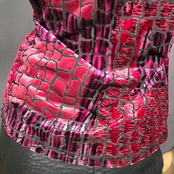 Y2K Snake Print Flocked Velvet Burnout Top Size M Pink Burgundy V Neck - Picture 10 of 14